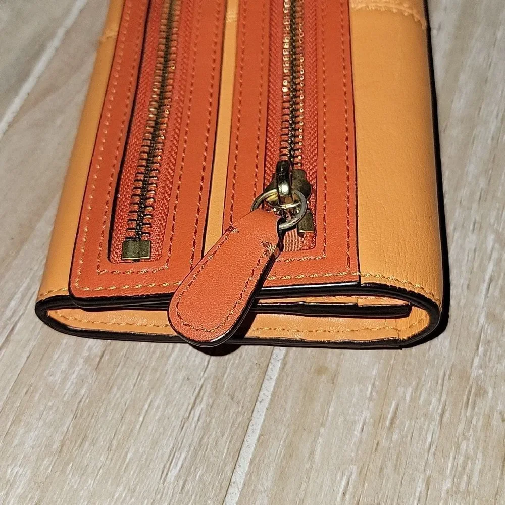 Coach Leather Double Zip Flap Wallet Orange